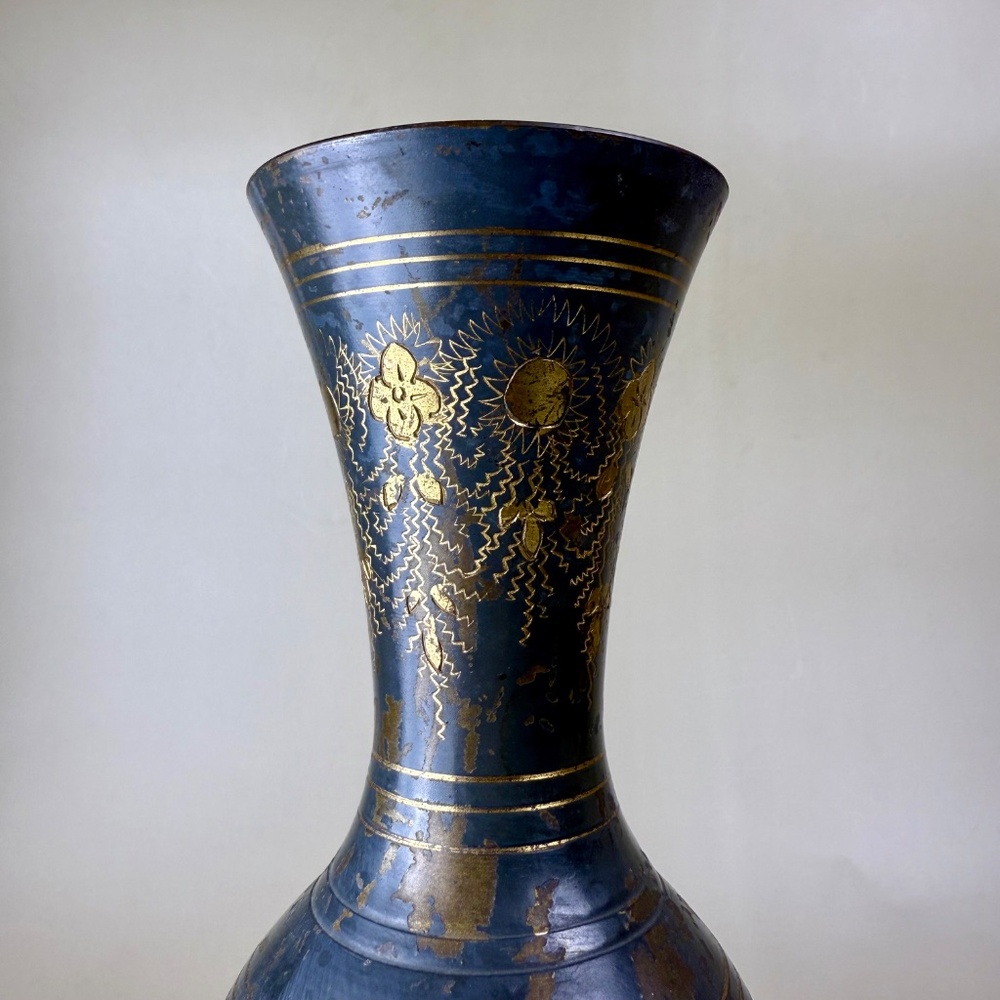 Vintage Brass Vase | Hand-Etched Floral Design | 11.75" Tall - Picture 8 of 10